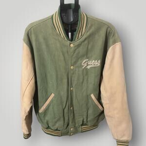 Vintage Guess Georges Marciano Leather Varsity Jacket Green / Cream Size Medium